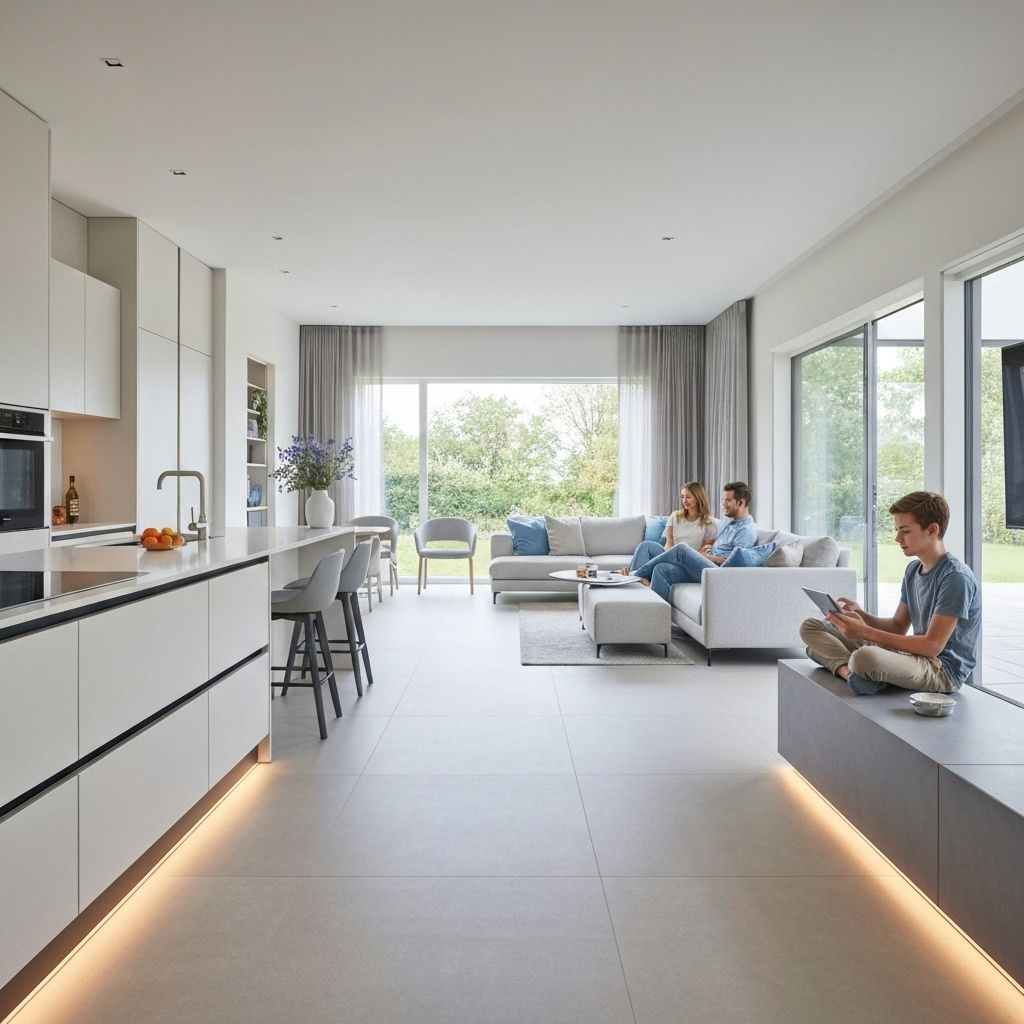 Современный интерьер умного дома с автоматизацией освещения, климата и системами безопасности